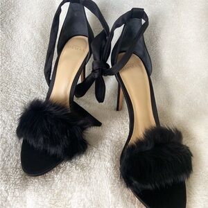 Alexandre Birman Black Rabbit Fur Satin Sandals Ankle Tie